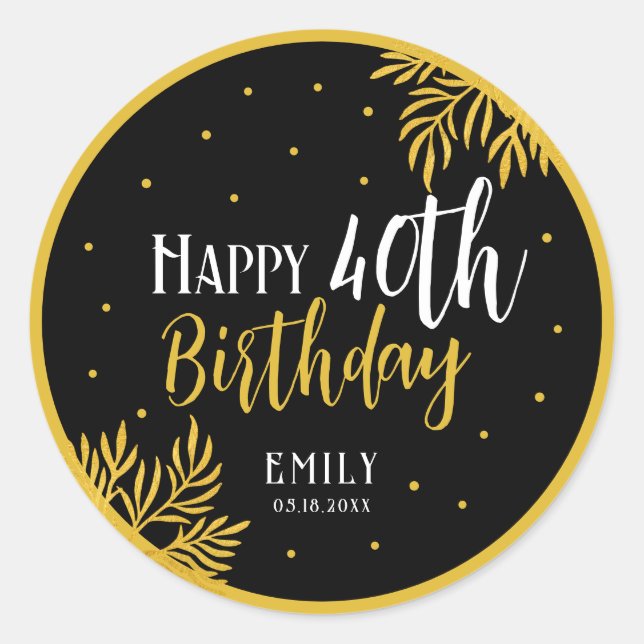Sticker Rond Elegant Happy 40th Birthday Gold Foliage Party (Devant)