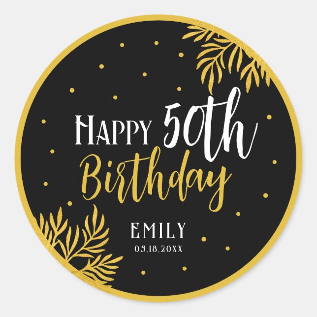 Sticker Rond Elegant Happy 50th Birthday Gold Foliage Party (Devant)