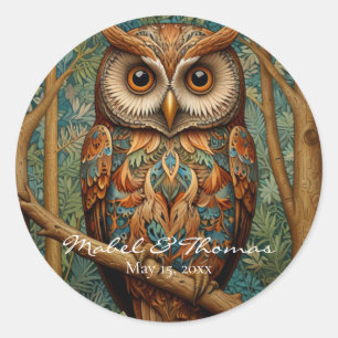 Sticker Rond Élégant hibou rétro boho bohème bohème forêt verte