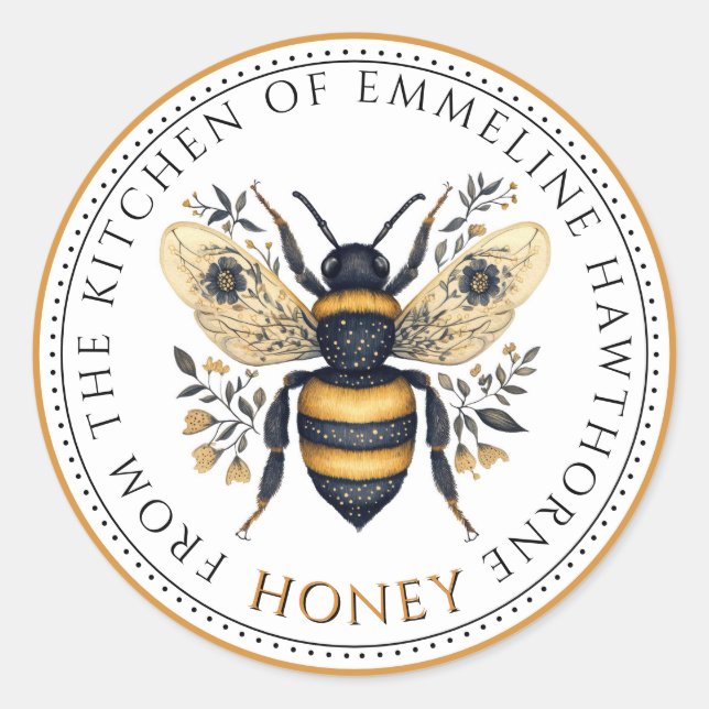 Sticker Rond Elegant Honey Bee Floral Honey Label (Devant)