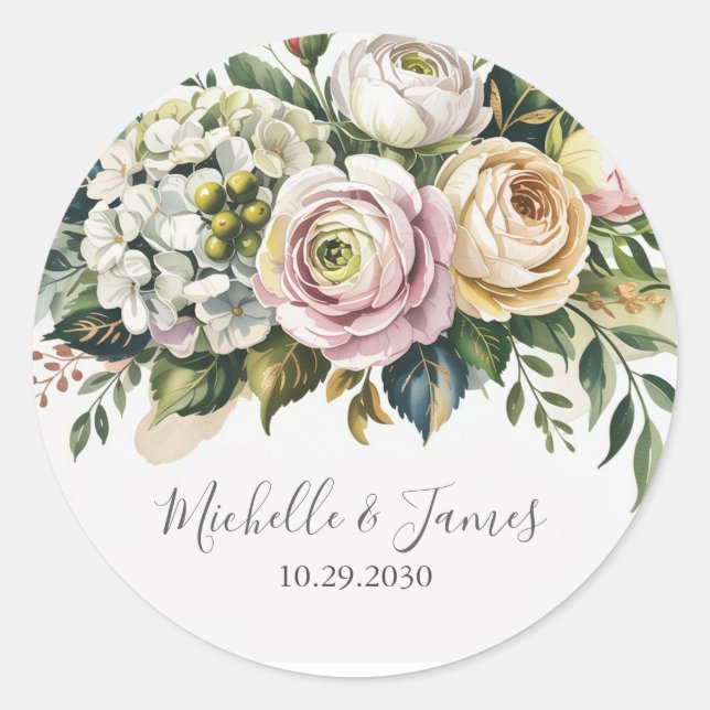 Sticker Rond Élégant Hydrangea Rose Fleurie Mariage à l'aquarel (Devant)