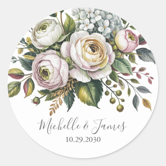 Sticker Rond Élégant Hydrangea Rose Floral Mariage              (Devant)