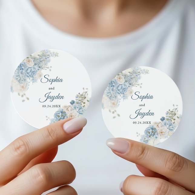 Sticker Rond Elégant Ice Bleu Rose Fleurs Mariage (Créateur téléchargé)