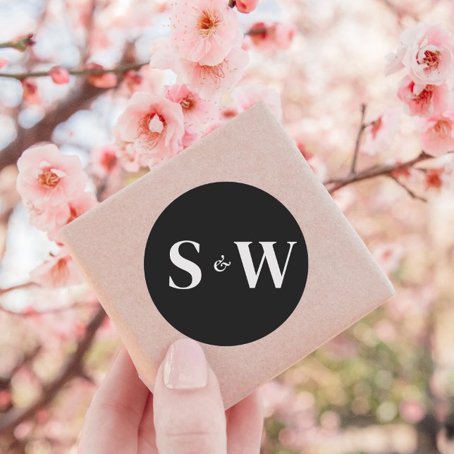 Sticker Rond Élégant Initiales Mariage noir et blanc (Créateur téléchargé)