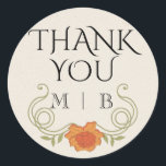 Sticker Rond Élégant Initiales Vintage Art Nouveau Orange<br><div class="desc">Design romantique avec cadre floral Art Nouveau,  dans les couleurs de l'orange du coucher de soleil avec verdure bouchée sur l'arrière - plan de papier vintage. Des polices vintages élégantes et sophistiquées complètent le look intemporel et élégant.</div>