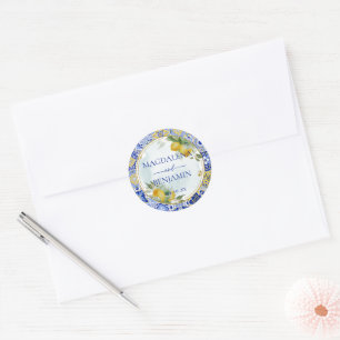 Sticker Rond Élégant italien Carrelage bleu citron noms Mariage
