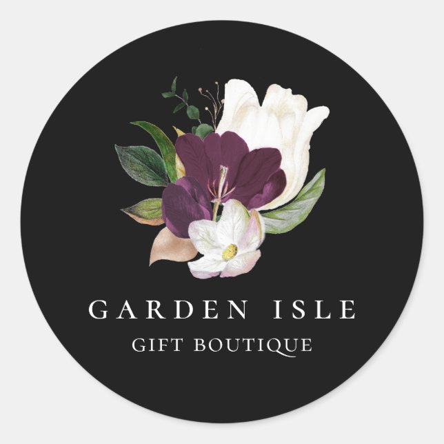 Sticker Rond Elégant ivoire violet bouquet floral noir (Devant)