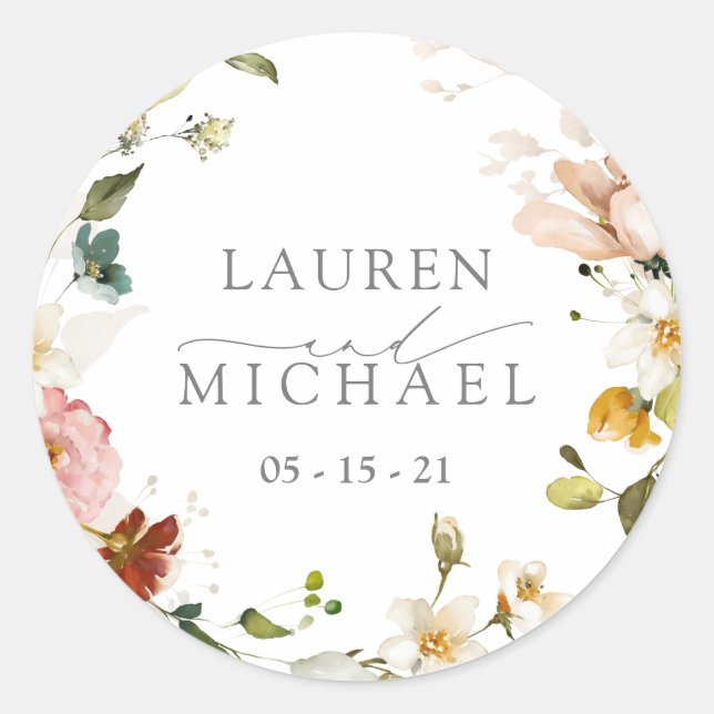 Sticker Rond Elégant Jardin Fleurs Aquarelle Floral Mariage (Devant)
