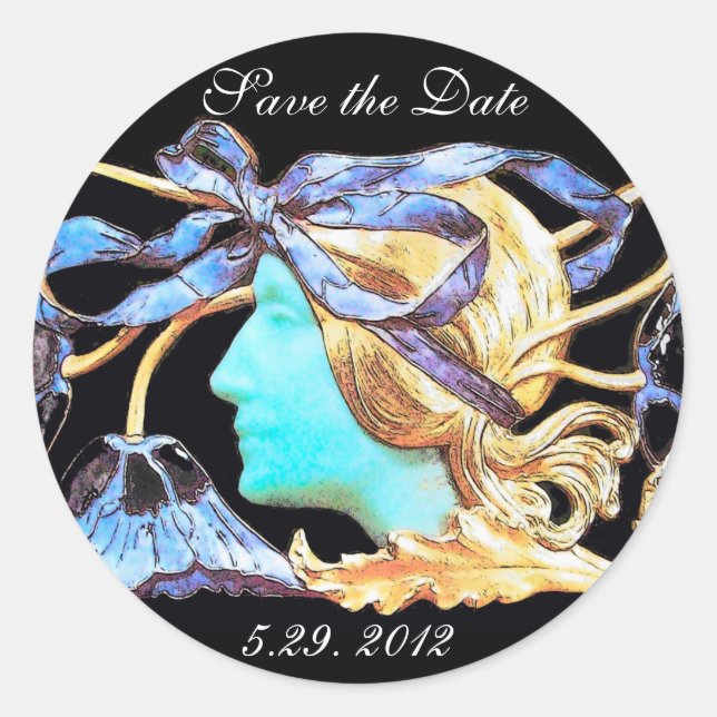 STICKER ROND ELÉGANT JEWEL DE BEAUTÉ FEMME /LADY, BOW BLEU, FLE (Devant)