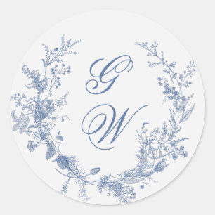 Sticker Rond Élégant Jouy Vintage bleu Floral