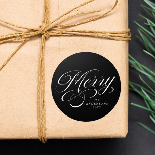 Sticker Rond Élégant Joyeux Calligraphie Script Black Holiday