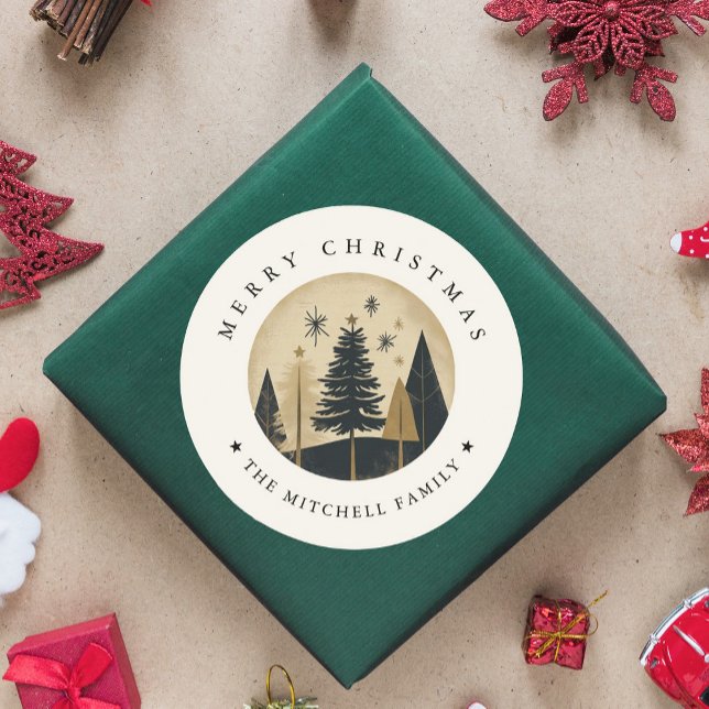 Sticker Rond Élégant Joyeux Noël Warm Gold Pine Forest (Créateur téléchargé)