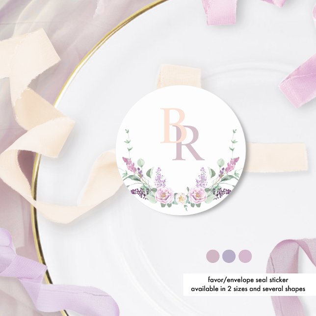 Sticker Rond Elégant Joyful Pastel Floral Monogram Wreath (Créateur téléchargé)