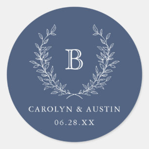 Sticker Rond Elegant Laurel Wreath Mariage Monogram Navy Blue