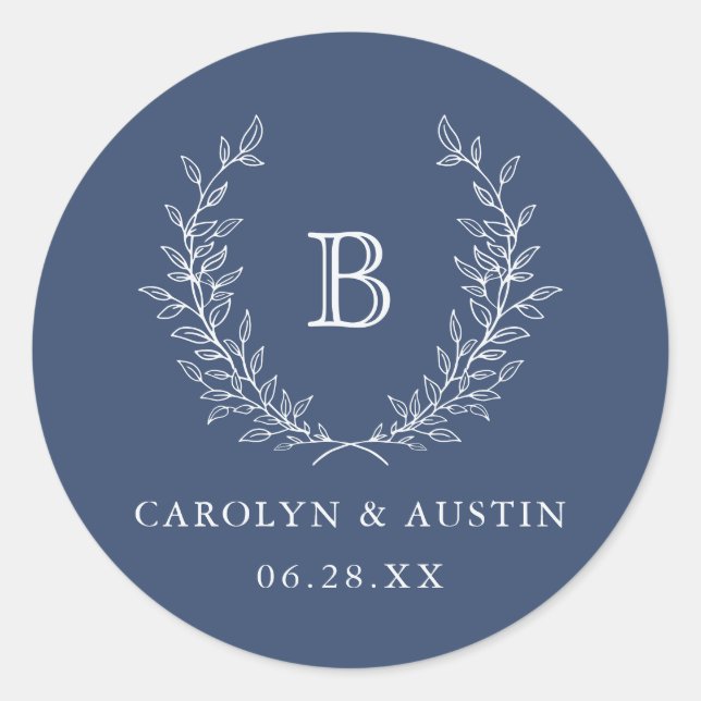 Sticker Rond Elegant Laurel Wreath Mariage Monogram Navy Blue (Devant)