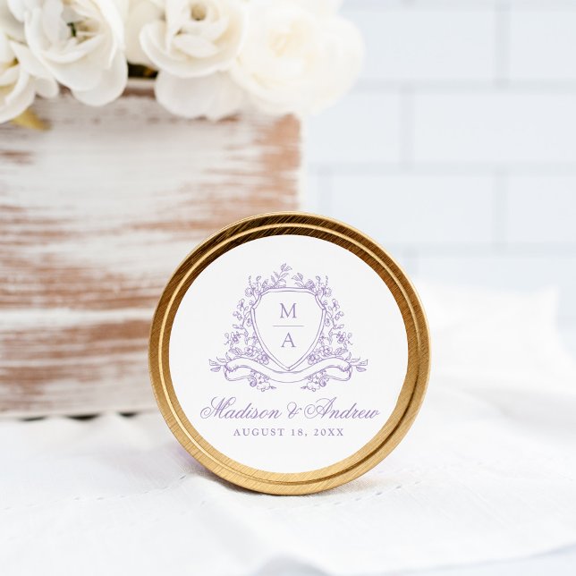 Sticker Rond Élégant Lavande Floral Crest Mariage (Créateur téléchargé)