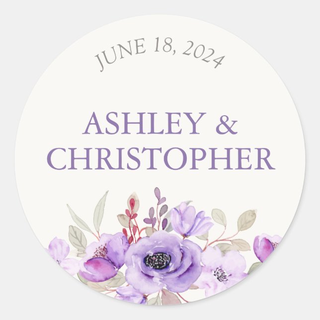 Sticker Rond Élégant Lavender Aquarelle Floral Bouquet Mariage (Devant)