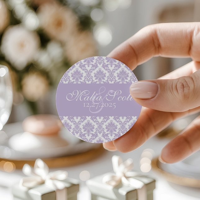 Sticker Rond Elégant Lavender White Mariage damassé Favoriser (Créateur téléchargé)