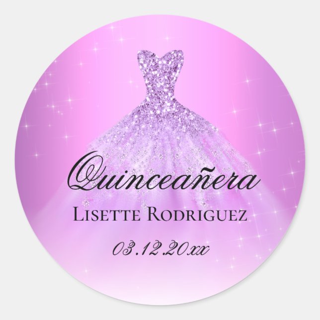 Sticker Rond Élégant lilas violet Quinceanera personnalisé (Devant)