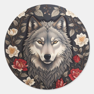 Sticker Rond Élégant loup gris floral