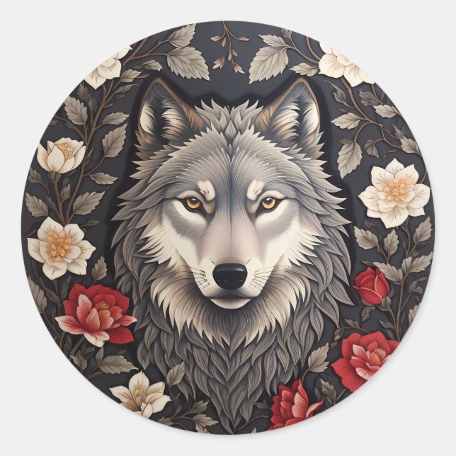 Sticker Rond Élégant loup gris floral (Devant)