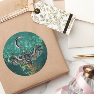 Sticker Rond Élégant lune émeraude nuit étincelante dentelle ve