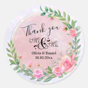 Sticker Rond Élégant M. et Mme Fleurs Roses Mariage