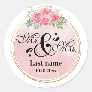 Sticker Rond Élégant M. et Mme Fleurs Roses Mariage