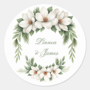 Sticker Rond Elégant Magnolia Blanc Mariage Hiver Pine Tree