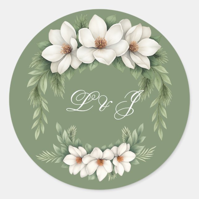 Sticker Rond Elégant Magnolia Blanc Mariage Hiver Pine Tree (Devant)