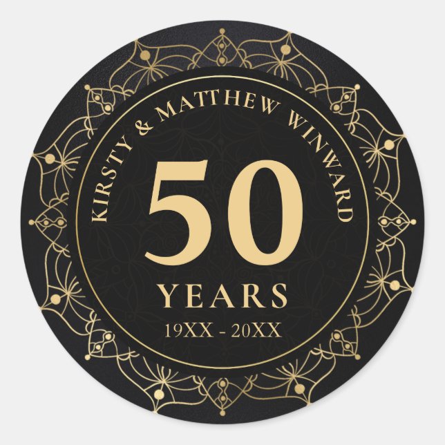 Sticker Rond Élégant Mandala 50e anniversaire noir et or (Devant)