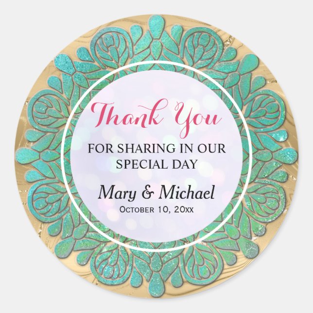 Sticker Rond Élégant Mandala Turquoise Moderne Brillante Merci (Devant)