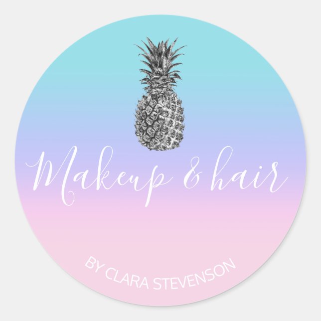 Sticker Rond Élégant maquillage moderne en ananas rose argent (Devant)