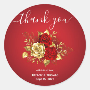 Sticker Rond Elégant Mariage à thème rouge et or Merci