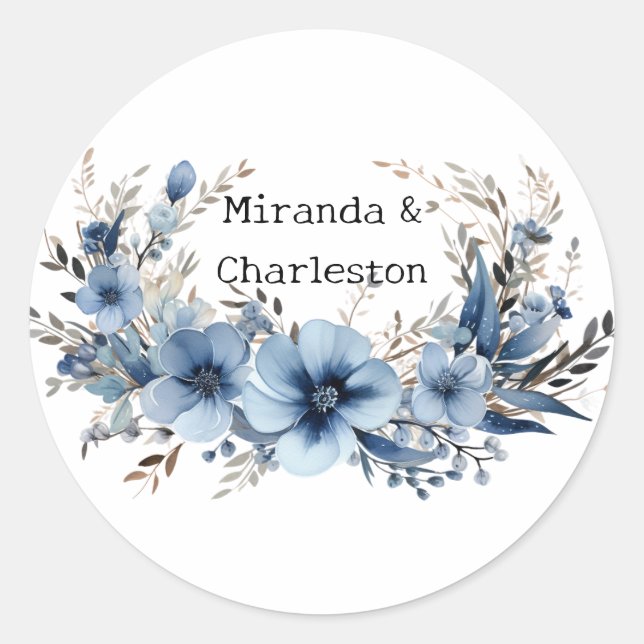 Sticker Rond Élégant Mariage Airy Dusty Blue Floral (Devant)