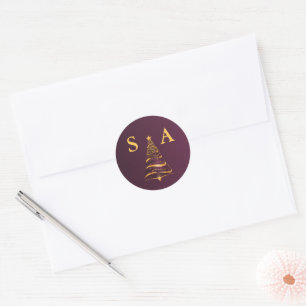 Sticker Rond Élégant Mariage Arbre de Noël Monogramme Doré Chic