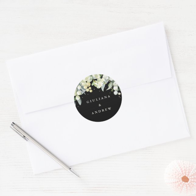 Sticker Rond Elégant Mariage Black Snowberry+Eucalyptus (Enveloppe)
