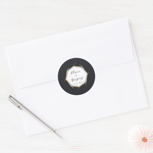 Sticker Rond Élégant Mariage Black White Gold (Enveloppe)