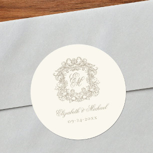 Sticker Rond Élégant Mariage Blason Monogramme Vintage Taupe Iv