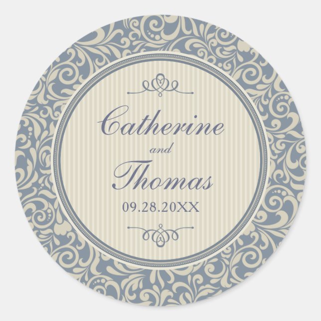 Sticker Rond Elégant Mariage bleu et beige Damask (Devant)