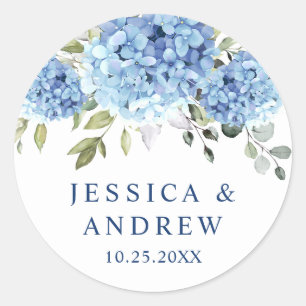 Sticker Rond Élégant Mariage bleu Hydrangea Eucalyptus