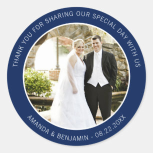 Sticker Rond Elégant Mariage bleu marine moderne photo Merci