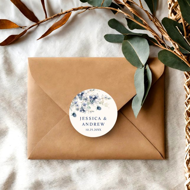 Sticker Rond Élégant Mariage Boho en feuillage d'hiver bleu Dus (Créateur téléchargé)