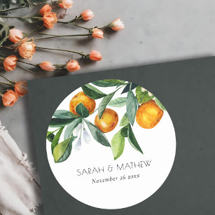 Sticker Rond Élégant Mariage Botanique Orange Citrus