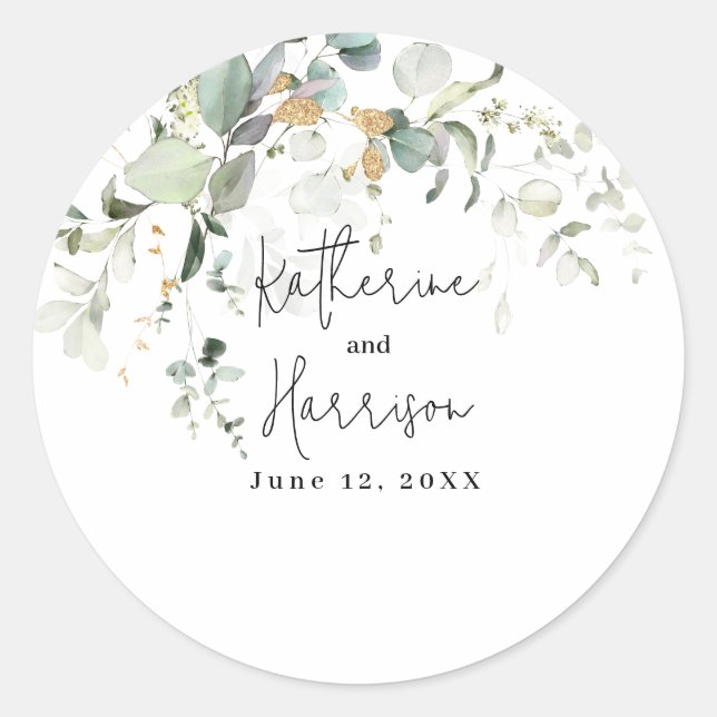 Sticker Rond Élégant Mariage Classique Eucalyptus et Feuillage  (Devant)