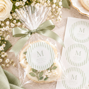 Sticker Rond Élégant Mariage Classique Monogramme Rayure Sage
