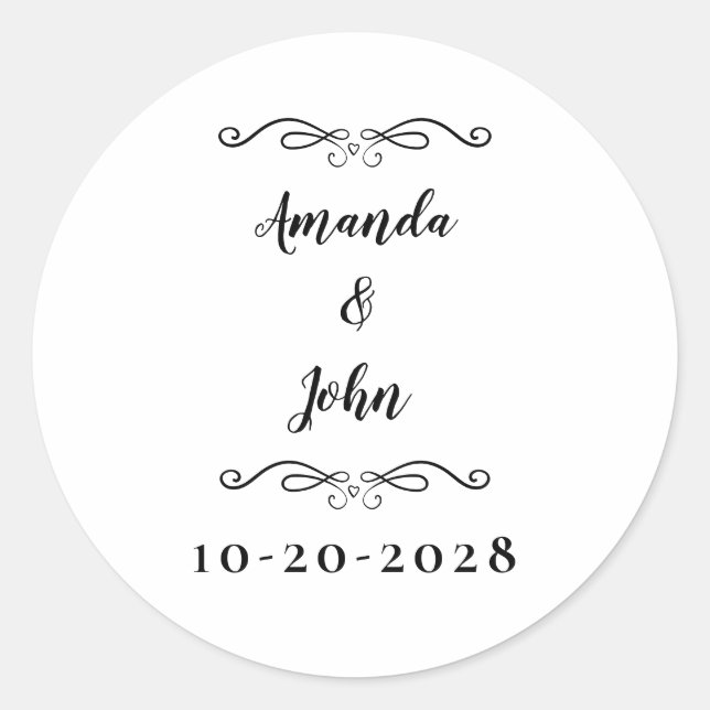 Sticker Rond Elégant Mariage Couples Noms Chic Black White Cla (Devant)