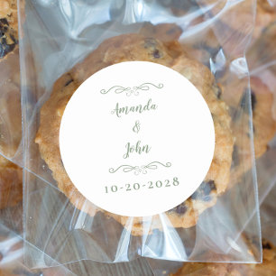 Sticker Rond Elégant Mariage Couples Noms Sage Vert Blanc