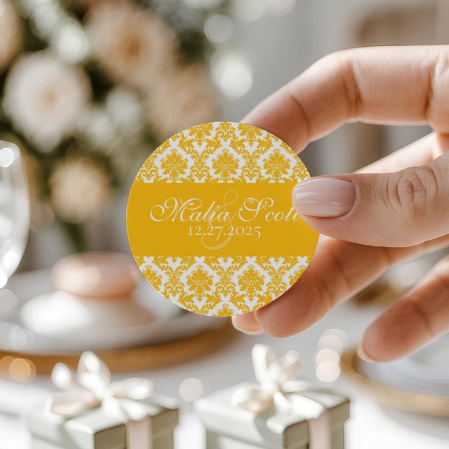 Sticker Rond Elégant Mariage damassé blanc jaune Favoriser (Créateur téléchargé)