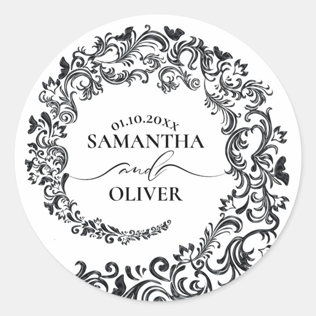Sticker Rond Elégant Mariage damassé noir et blanc (Devant)